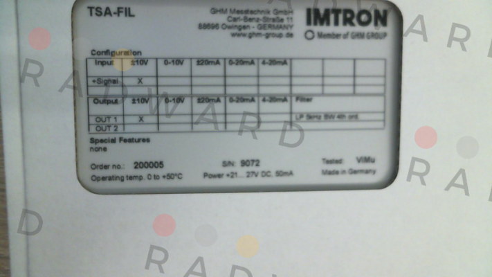 Imtron-P/N: 200005 , Type: TSA-FIL1-V1-5K-BW-V1 price