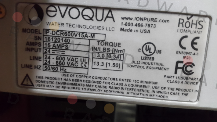 Evoqua Water Technologies-Model: IP-DCR600V15A-M price